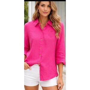 LAUREN RALPH LAUREN Bright Pink 100% Linen Button Up Blouse Top Size XL